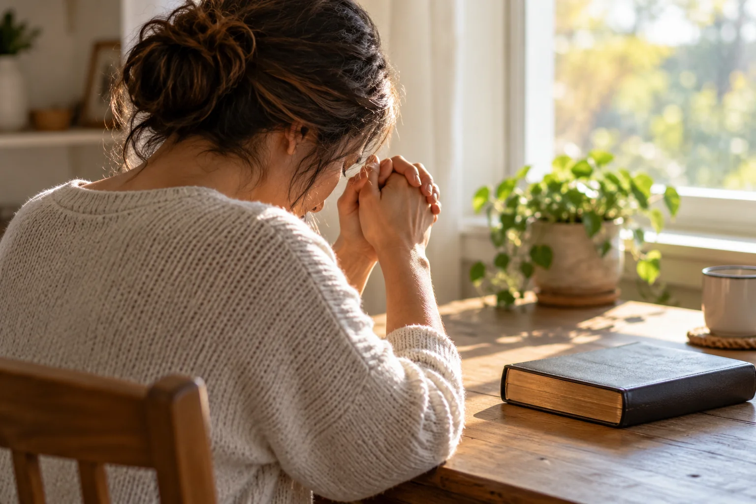 Symbolescht Bild, mat KI generéiert: Eng Fra biet mat gefaaltenen Hänn nieft enger Fënster an enger zouener Bibel.