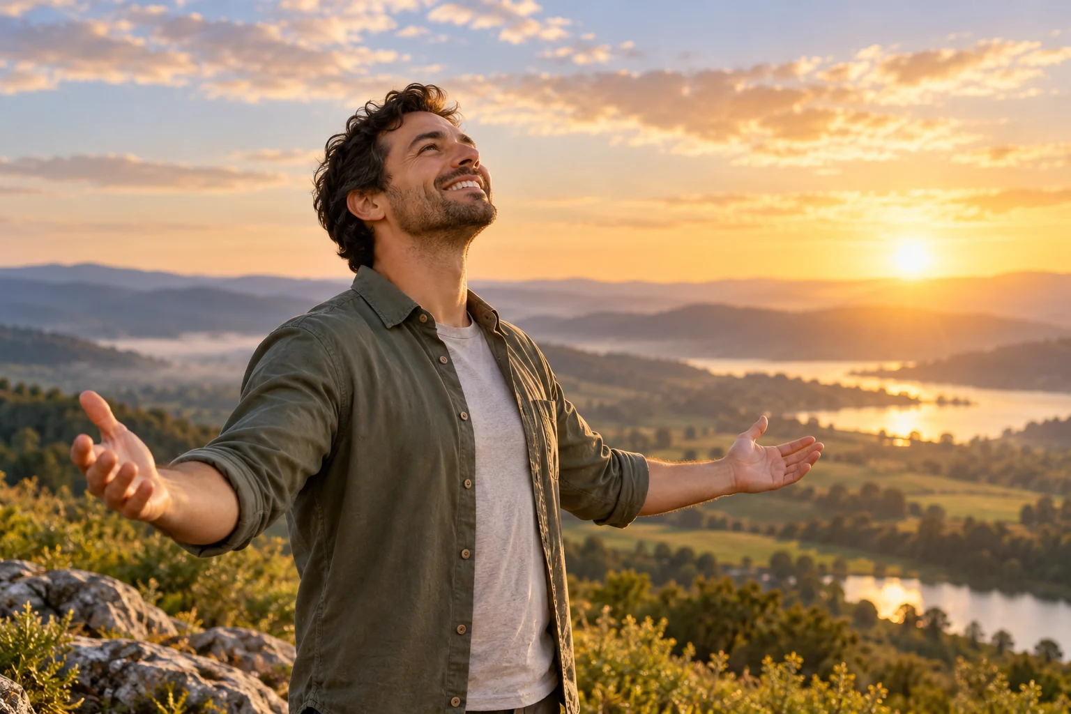 Mat KI generéiert Illustratioun: E lächelnde Mann mat oppenen Äerm kuckt an enger Landschaft am Moiesliicht an den Himmel, als Symbol vum Vertrauen op Gott.